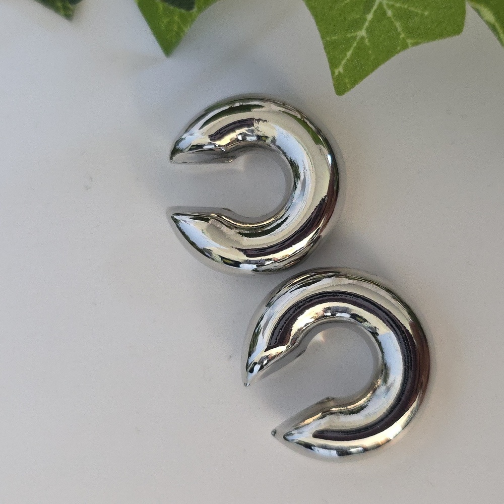 Chunky Silver Stainless Steel C Ear Cuff Hoop Earrings Non Piercing